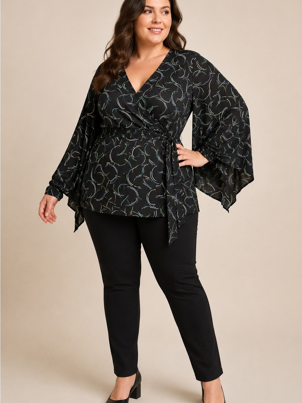 Lane Bryant Black Wrap Blouse with Green and Light Blue Swirl Print